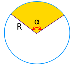 На рисунке изображен сектор круга, обозначен радиус, угол для вычисления площади сектора круга.