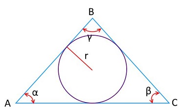 На рисунке изображен треугольник, вписанная окружность,  обозначены углы, стороны используемые, радиус для вычисления площади треугольника.