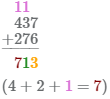 показано как складывать числа столбиком 437 плюс 274, сложение сотен