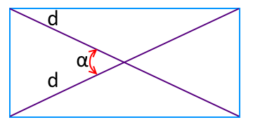На рисунке изображен прямоугольник, обозначена диагонали, угол между диагоналями используемые для вычисления площади прямоугольника.
