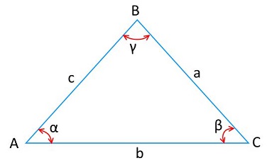 На рисунке изображен треугольник, обозначены углы, стороны используемые для вычисления площади треугольника.